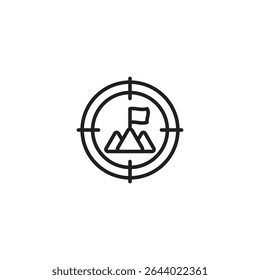 Icono de contorno negro de un objetivo con una montaña y una bandera dentro, que representa un objetivo o un objetivo.