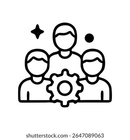 Black outline icon of three figures with a gear in front, a star to the left, and a dot to the right, symbolizing teamwork and collaboration.