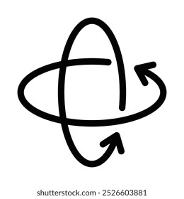 Black outline icon of two arrows circling around a spherical shape. Represents rotation, global movement, or 3D navigation. Editable stroke.