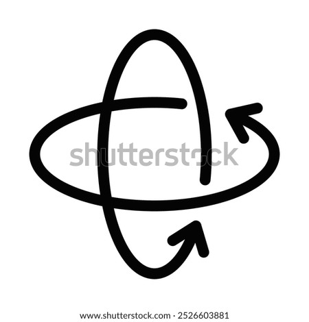 Black outline icon of two arrows circling around a spherical shape. Represents rotation, global movement, or 3D navigation. Editable stroke.