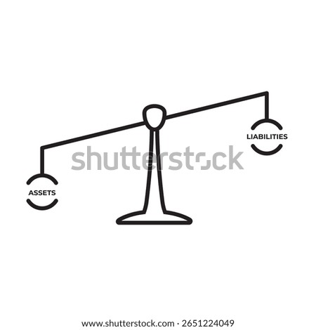 Black outline icon of an unbalanced scale, with "Assets" on one side and "Liabilities" on the other, representing net worth, financial comparison, debt vs. value, or balance sheet evaluation.