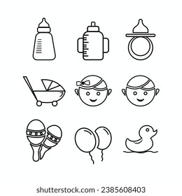 Black outline icons about babies, baby equipment and toys, icons for business or posters. simple icon