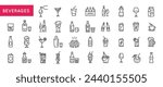 Black outline icons of beverages including water, alcohol, carbonated drinks, juice, milk, and others for use on websites, mobile apps, and promo materials.Set of beverage production and consumption.
