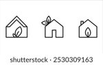 Black outline icons of home with a leaf, representing eco-friendly living, green homes and sustainability.