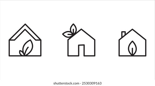 Black outline icons of home with a leaf, representing eco-friendly living, green homes and sustainability.