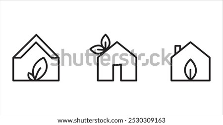 Black outline icons of home with a leaf, representing eco-friendly living, green homes and sustainability.