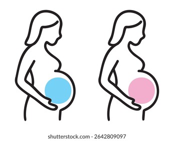 Black outline icons of pregnant woman with blue and pink belly representing boy or girl baby gender isolated on white background. Concept of pregnancy, expecting mother, gender reveal, motherhood.