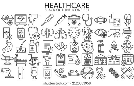 black outline icons set of healthcare and medicine theme, medical services, laboratory, clinic and hospital facilities. Used for web, UI, UX kit and applications, vector EPS 10 ready convert to SVG.