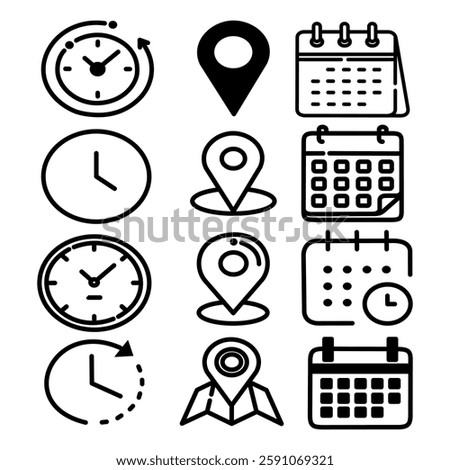 Black Outline Icons Set Time, Location, and Calendar Concepts.