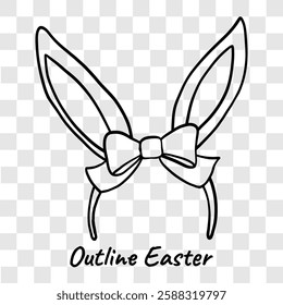 Black outline illustration of a bunny ear headband with a decorative bow, isolated on a transparent background. Perfect for Easter designs