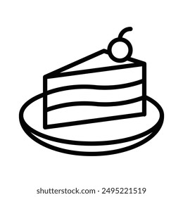 Black outline illustration of a cake slice on a plate with a cherry on top. This icon represents dessert, celebration, and bakery themes. Vector illustration. Editable stroke.