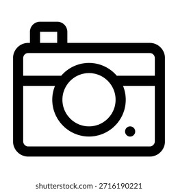Black outline illustration of a camera with rounded stroke style. Designed for photography, media, travel documentation, content creation, and clean digital interfaces.