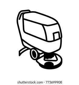 Black outline illustration of compact automatic floor scrubber machine isolated on white background. Vector icon