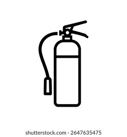 Ilustração de contorno preto de um extintor de incêndio com bocal e mangueira. Gráficos relacionados à segurança e prevenção mostram equipamentos de supressão de incêndios e emergência.