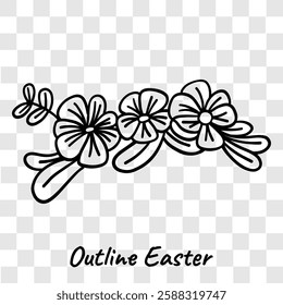 Black outline illustration of a floral garland with three detailed flowers and leaves, isolated on a transparent background. Perfect for decorative designs