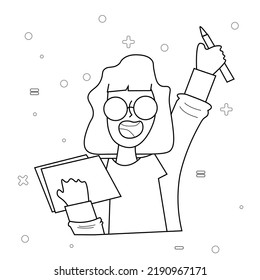 Black outline illustration of happy women or female smart girl wearing glasses and bring book and pencil for coloring or icon of education, school, learning, collage, university, study