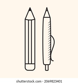 Black outline illustration of pen and pencil in doodle style. Symbol of education and studying. Writing equipment isolated. School and college stationery