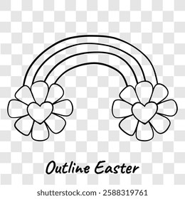 Black outline illustration of a rainbow with heart-centered flowers at both ends, isolated on a transparent background. Minimalist vector design