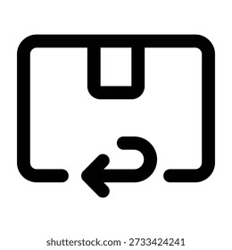 Black outline illustration of a return package with arrows. Clean line style representing product return, refund policies, logistics, and customer service.