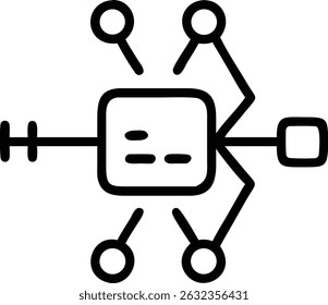 A black outline illustration shows a central square node linked to smaller circular nodes, depicting a network or connection diagram in a simple style