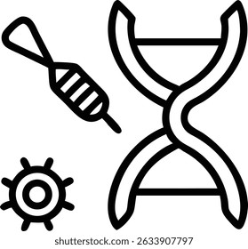 A black outline illustration shows a dna strand, a syringe, and a virus cell, all isolated on a white background, representing science and health.