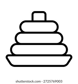 Ilustração de contorno preto de um brinquedo de anel de empilhamento com camadas geométricas simples. Estilo monocromático limpo adequado para a educação precoce, atividades infantis, materiais de aprendizagem e visuais de desenvolvimento infantil em fundo branco.