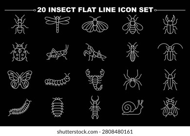 Black outline insect and bug icon set in minimalist line art style with snail, butterfly, ant, spider, bee and caterpillar pictograms.