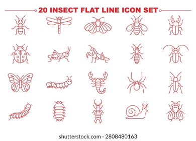 Black outline insect and bug icon set in minimalist line art style with snail, butterfly, ant, spider, bee and caterpillar pictograms.