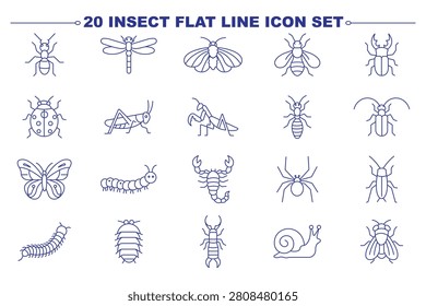 Black outline insect and bug icon set in minimalist line art style with snail, butterfly, ant, spider, bee and caterpillar pictograms.