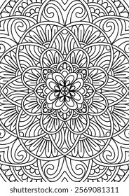 Black Outline Intricate Mandala Pattern. Yoga, meditation poster. Coloring book page.