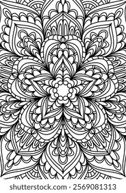 Black Outline Intricate Mandala Pattern. Yoga, meditation poster. Coloring book page.