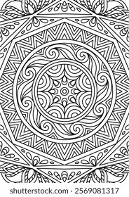 Black Outline Intricate Mandala Pattern. Yoga, meditation poster. Coloring book page.