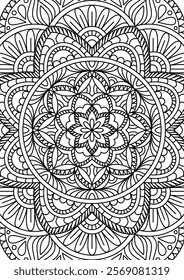 Black Outline Intricate Mandala Pattern. Yoga, meditation poster. Coloring book page.