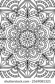 Black Outline Intricate Mandala Pattern. Yoga, meditation poster. Coloring book page.