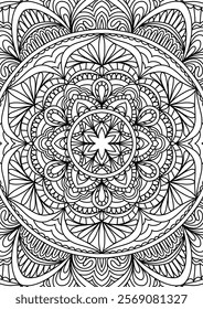 Black Outline Intricate Mandala Pattern. Yoga, meditation poster. Coloring book page.