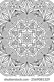 Black Outline Intricate Mandala Pattern. Yoga, meditation poster. Coloring book page.