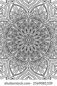 Black Outline Intricate Mandala Pattern. Yoga, meditation poster. Coloring book page.