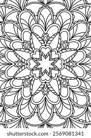 Black Outline Intricate Mandala Pattern. Yoga, meditation poster. Coloring book page.