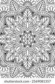 Black Outline Intricate Mandala Pattern. Yoga, meditation poster. Coloring book page.