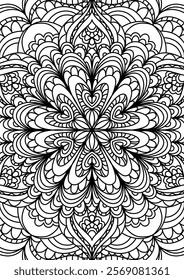 Black Outline Intricate Mandala Pattern. Yoga, meditation poster. Coloring book page.