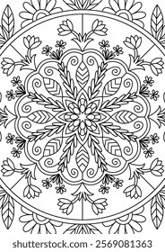 Black Outline Intricate Mandala Pattern. Yoga, meditation poster. Coloring book page.