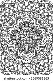 Black Outline Intricate Mandala Pattern. Yoga, meditation poster. Coloring book page.