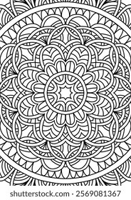 Black Outline Intricate Mandala Pattern. Yoga, meditation poster. Coloring book page.