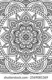 Black Outline Intricate Mandala Pattern. Yoga, meditation poster. Coloring book page.