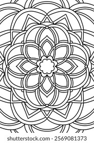 Black Outline Intricate Mandala Pattern. Yoga, meditation poster. Coloring book page.