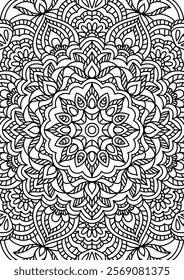 Black Outline Intricate Mandala Pattern. Yoga, meditation poster. Coloring book page.