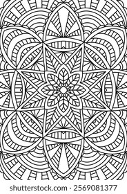 Black Outline Intricate Mandala Pattern. Yoga, meditation poster. Coloring book page.