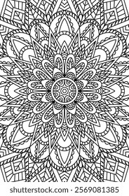 Black Outline Intricate Mandala Pattern. Yoga, meditation poster. Coloring book page.