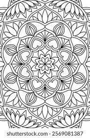 Black Outline Intricate Mandala Pattern. Yoga, meditation poster. Coloring book page.