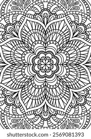 Black Outline Intricate Mandala Pattern. Yoga, meditation poster. Coloring book page.